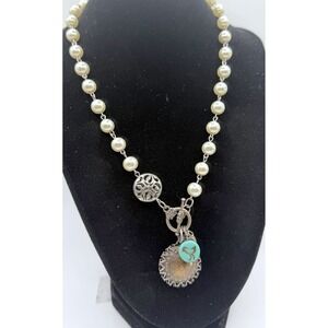 Desert Heart Turquoise Bird Charm Pearl Necklace Toggle 18" Western Boho